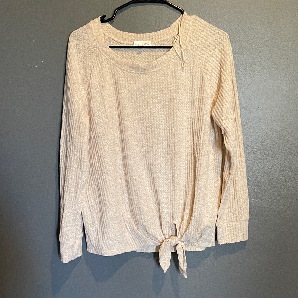 Nine Britton Beige Textured Blouse with Tie Detail